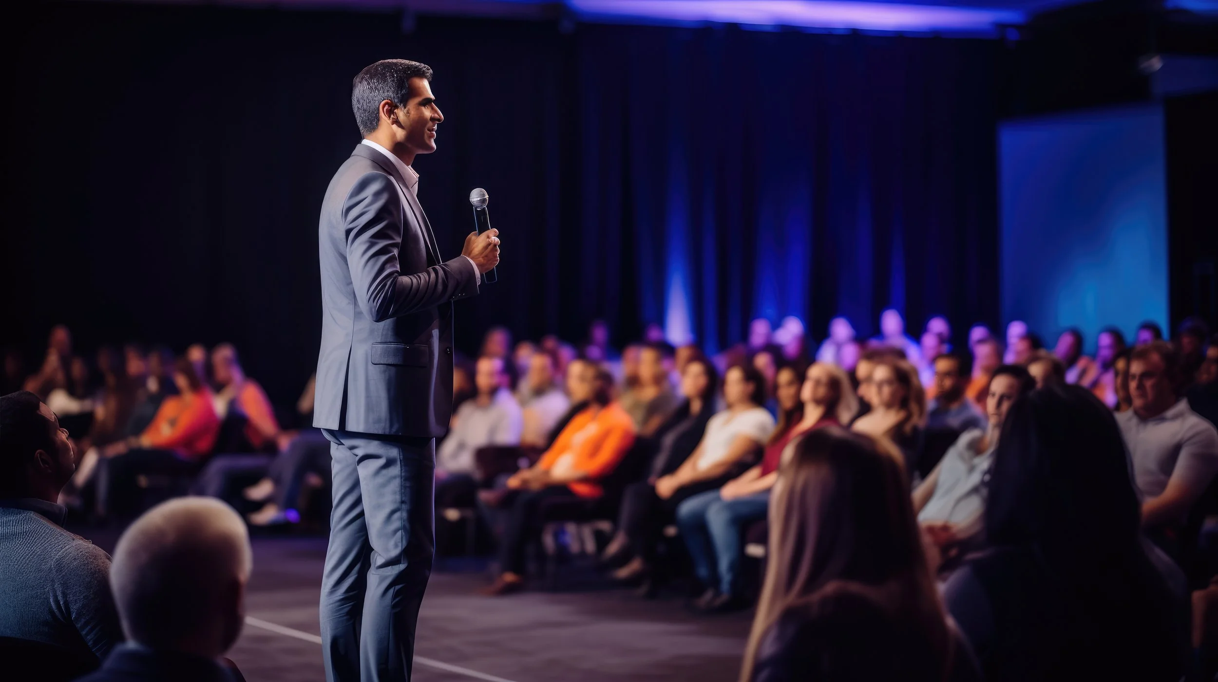 A man in a gray suit speaking into a microphone on stage in front of a large audience at a conference or seminar.