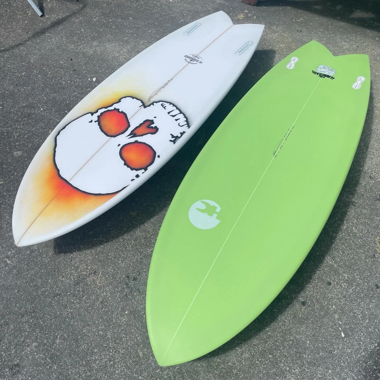 Two Winnebagos going to opposite ends of the country. They have very different looks, Seans green 5&rsquo;7&rdquo; is heading just down the road to Mangawhai and Blair&rsquo;s 5&rsquo;5&rdquo; with the skull is heading to Dunedin. With a custom made 