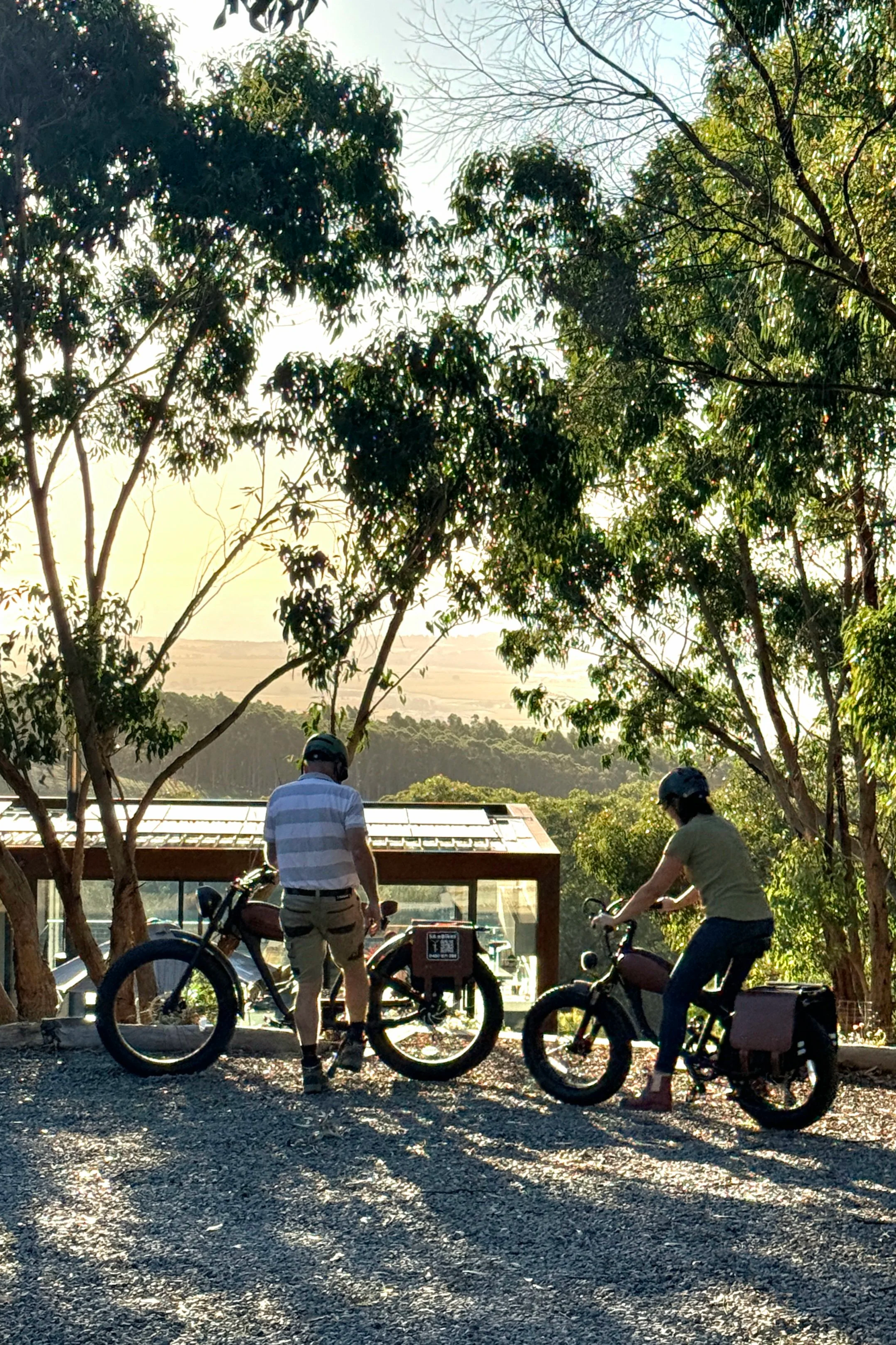 People near bicycles outdoors with trees and a building in the background during sunset.