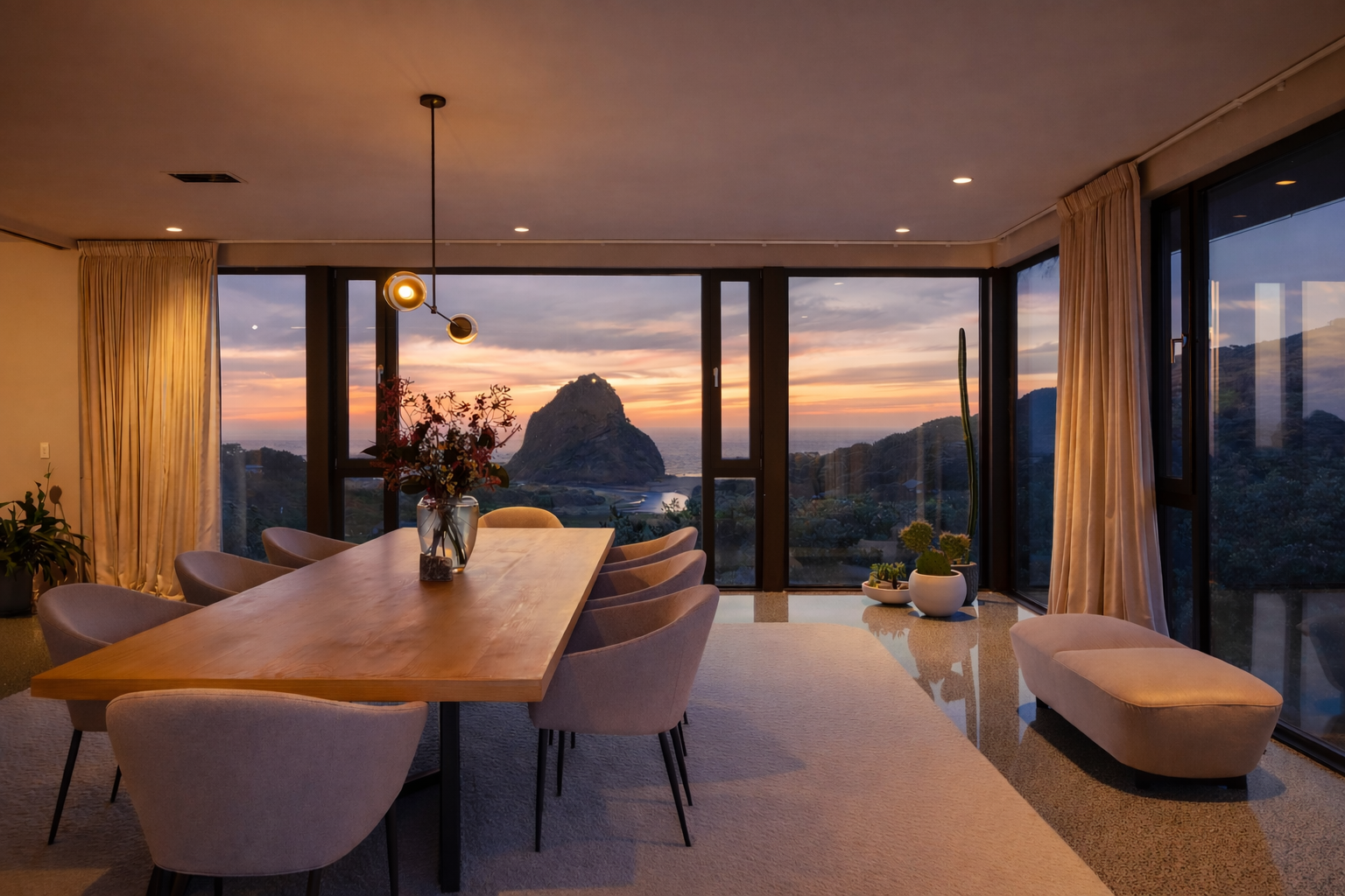 Interior of a dining room with a large wooden table, surrounded by cushioned chairs, and large windows showing a sunset view with a mountain, ocean, and cloudy sky.