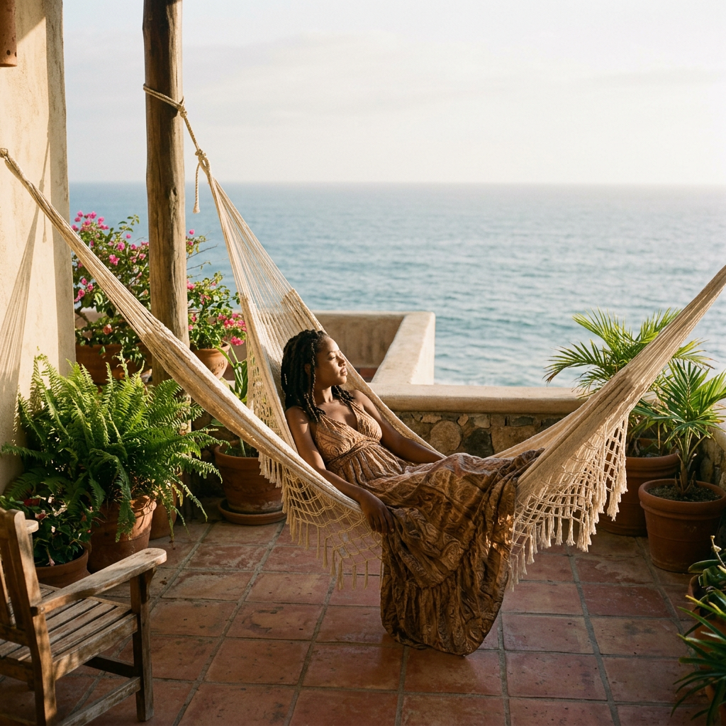 a warm editorial photograph, soft natural lighting, a sophisticated Caribbean setting