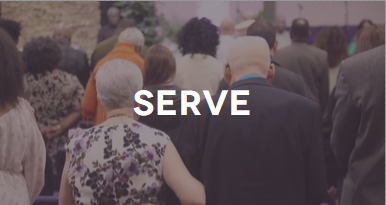 Group of people gathered in a room, facing away from the camera, with the word "SERVE" overlaid.