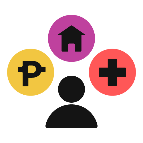 Silhouette of a person depicted below three icons: a house in a purple circle, a peso symbol in a yellow circle, and a medical cross in a red circle.