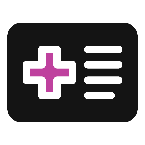 Medical ID card icon with pink cross and lines, black background.