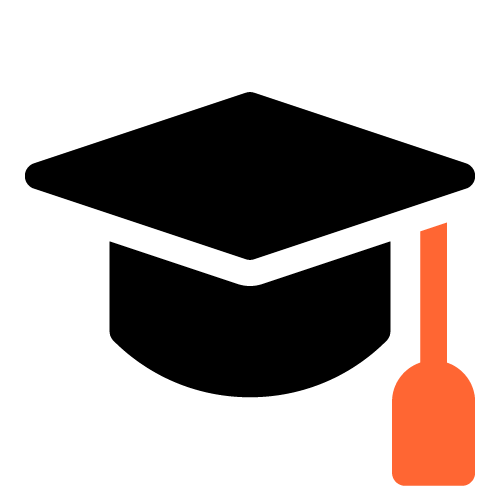 Black and orange graphic of a house with a chimney and a shovel icon.