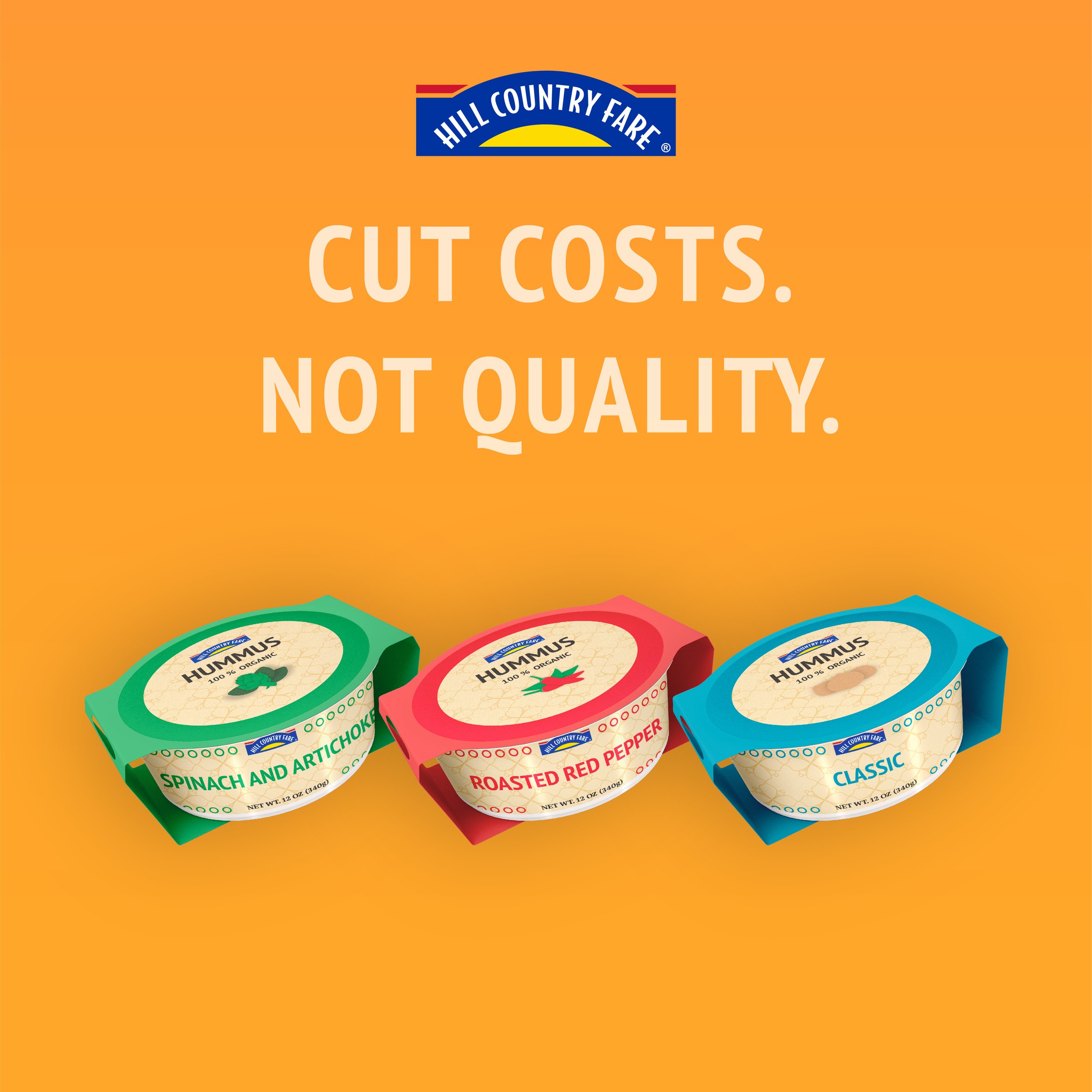 Advertisement for Hill Country Fare hummus with the slogan "Cut Costs. Not Quality." showing three hummus flavors: Spinach and Artichoke, Roasted Red Pepper, and Classic, against an orange background.