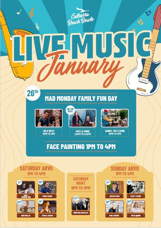 January is sounding GOOD at the Bowlo! 

We&rsquo;re turning up the summer vibes with live music every Saturday and Sunday arvo all January long &mdash; plus a series of live entertainment for our Mad Monday Family Fun Day on 26 January!

Think sunsh
