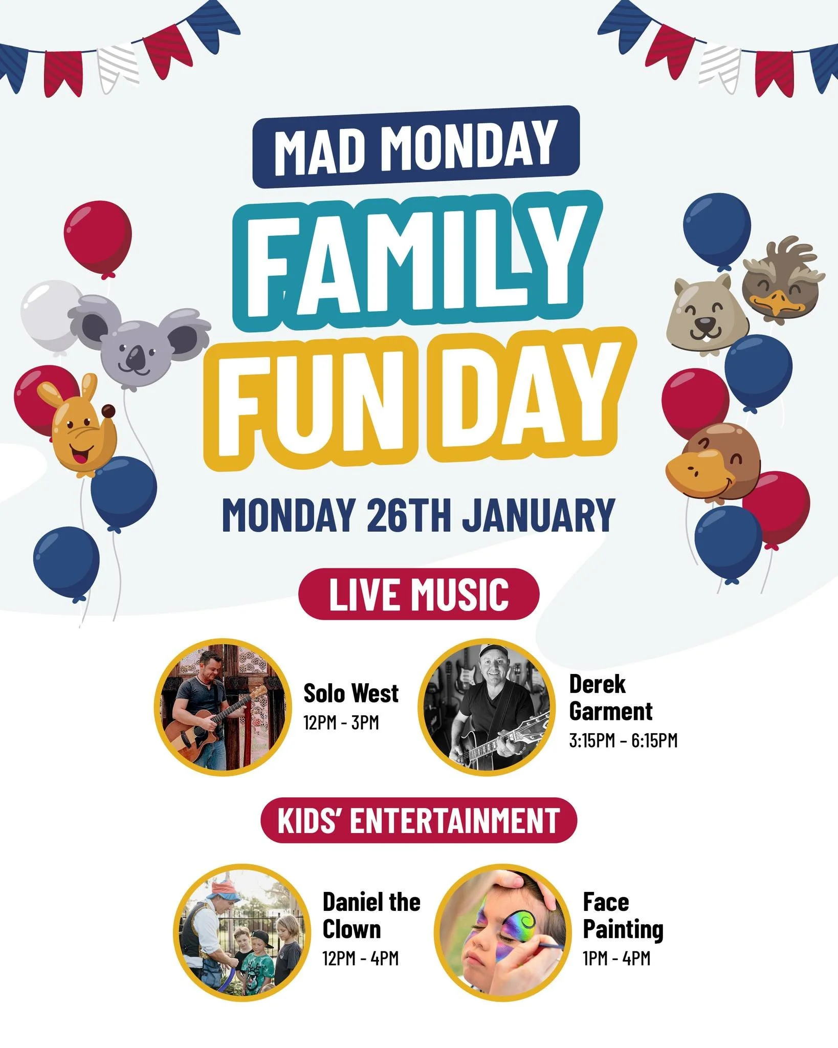 Mad Monday Family Fun Day is HAPPENING TOMORROW!

Celebrate Australia Day the best way &mdash; with a full afternoon of family-friendly fun, live entertainment, and great vibes at the Bowlo!

🎶 Live Music
&bull; Solo West | 12pm&ndash;3pm
&bull; Der