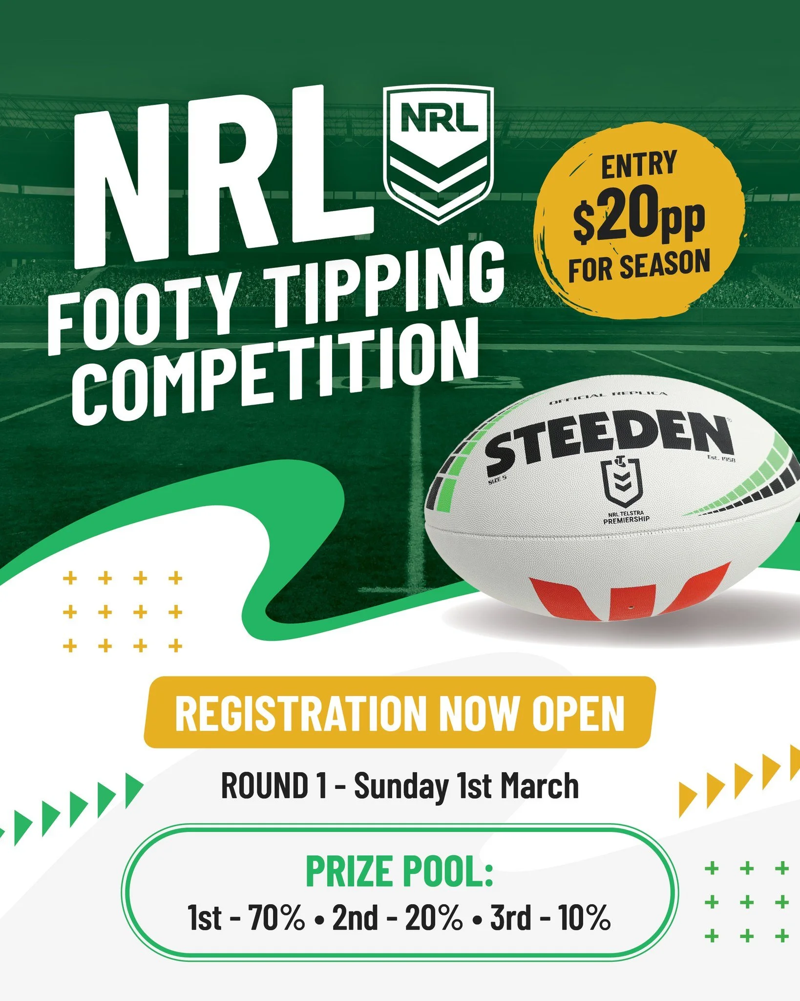 🏉 NRL Footy Tipping is back at Culburra Bowlo! 🏉

Think you&rsquo;ve got the best tips in town? It&rsquo;s time to prove it.

💵 $20 per person
&bull; 1st &ndash; 70% of the prize pool
&bull; 2nd &ndash; 20%
&bull; 3rd &ndash; 10%
Plus prizes for p