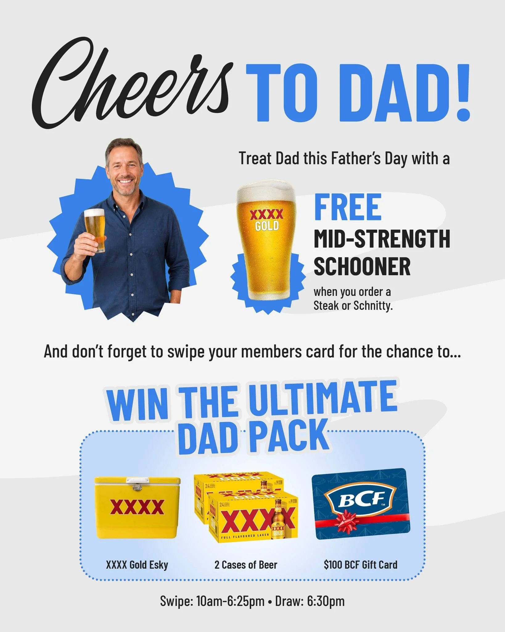 👨&zwj;👧&zwj;👦 **ONE WEEK UNTIL FATHER&rsquo;S DAY!** 🍻

Got your Father&rsquo;s Day plans sorted? If not, consider this your reminder to **book Dad a table at the Bowlo!**

Join us next Sunday for a feed, a cold one and a couple of extra treats j