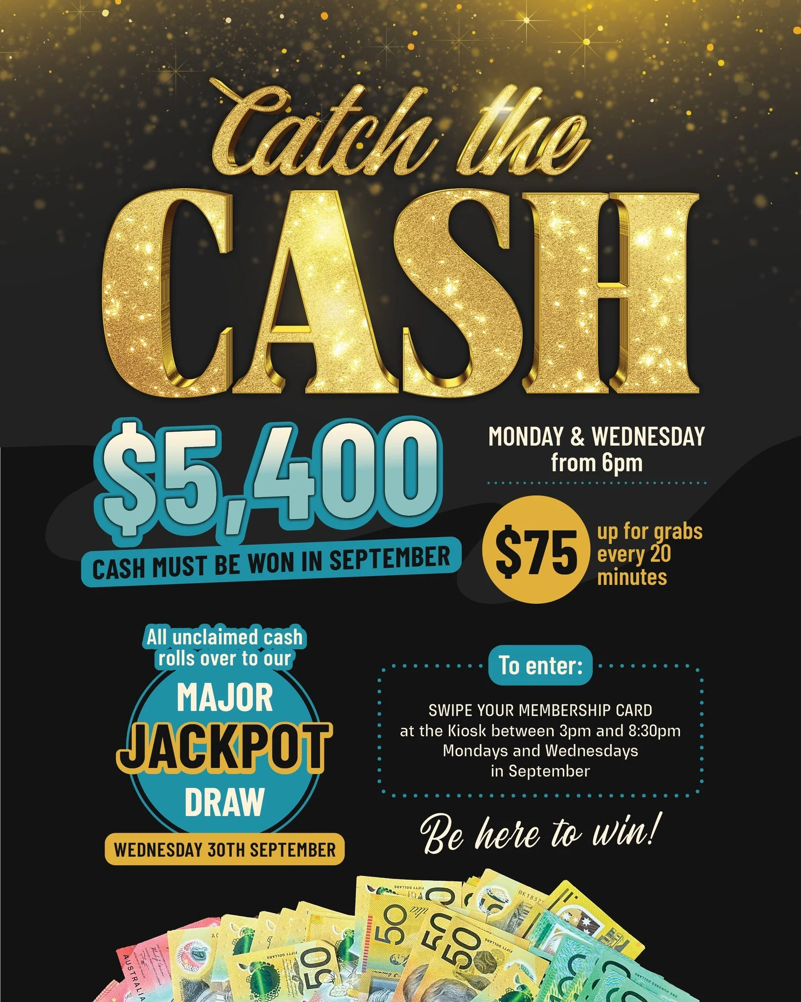 💰 CATCH THE CASH THIS SEPTEMBER! 💰

Catch the Cash is back from Wednesday at Culburra Bowlo with a massive $5,400 cash prize pool up for grabs throughout September!

Join us every Monday and Wednesday for your chance to get your hands on some cold 