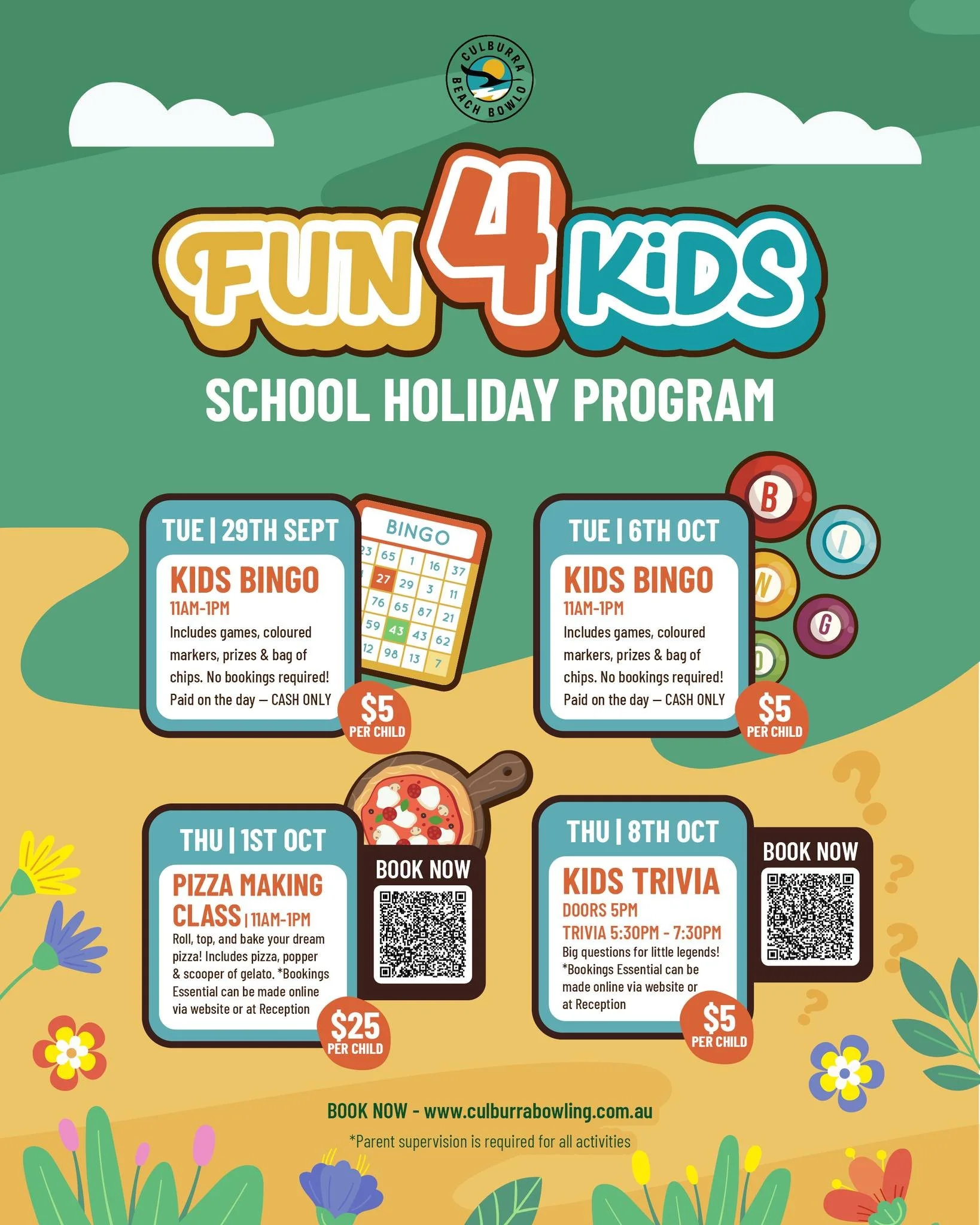 🌼 SCHOOL HOLIDAYS = SORTED! 🌼

Fun 4 Kids is back at Culburra Bowlo these Spring School Holidays, with plenty to keep the little legends entertained! 🙌

🎱 Tue 29 Sept &ndash; Kids Bingo | $5
🍕 Thu 1 Oct &ndash; Pizza Making Class | $25
🎱 Tue 6 