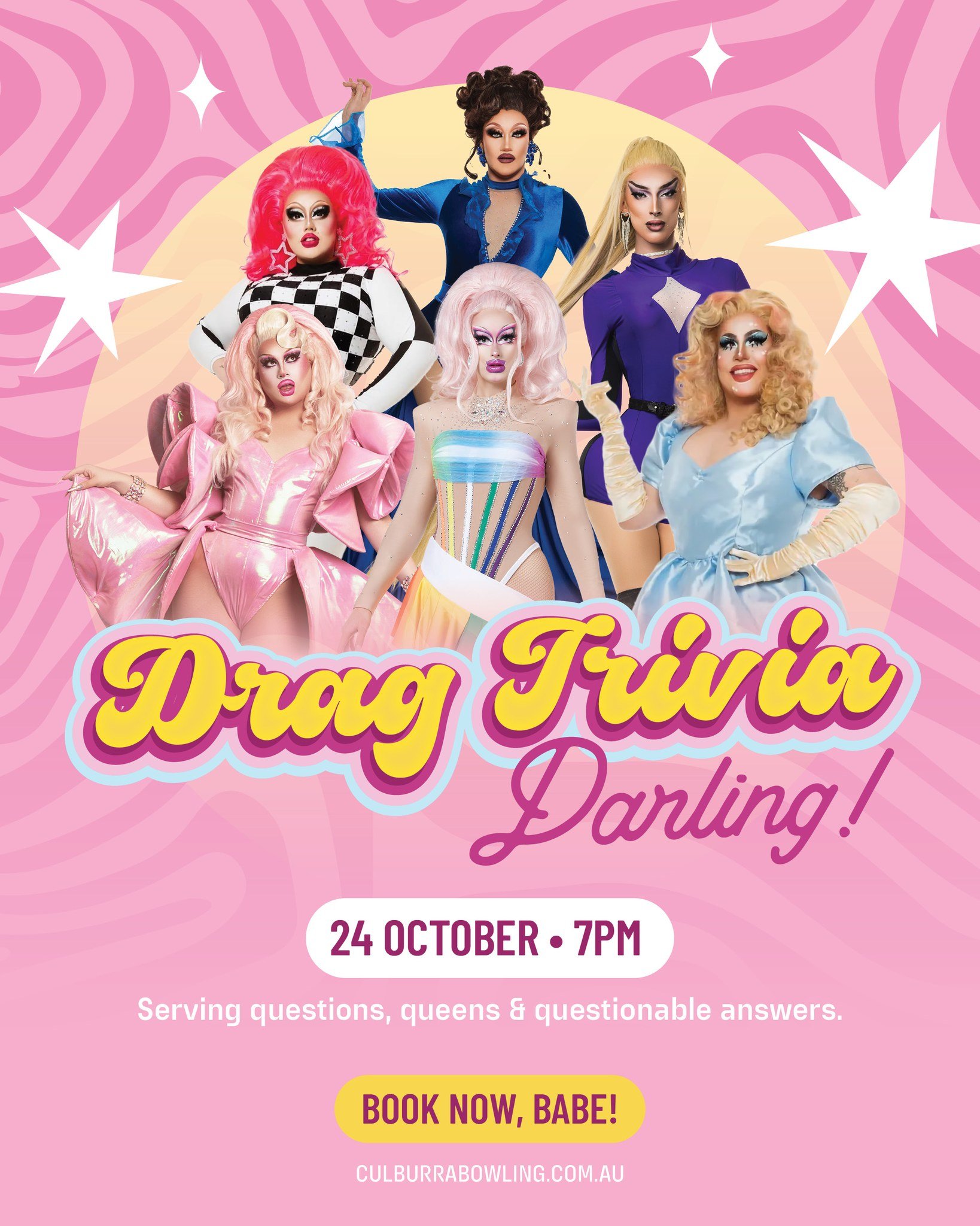 💅 DRAG TRIVIA, DARLING! 💅

Serving questions, queens &amp; questionable answers at the Bowlo this October. 👑✨

Gather your smartest (or most entertaining) mates and get ready for a fabulous night of trivia, laughs and plenty of drag-fuelled fun.

