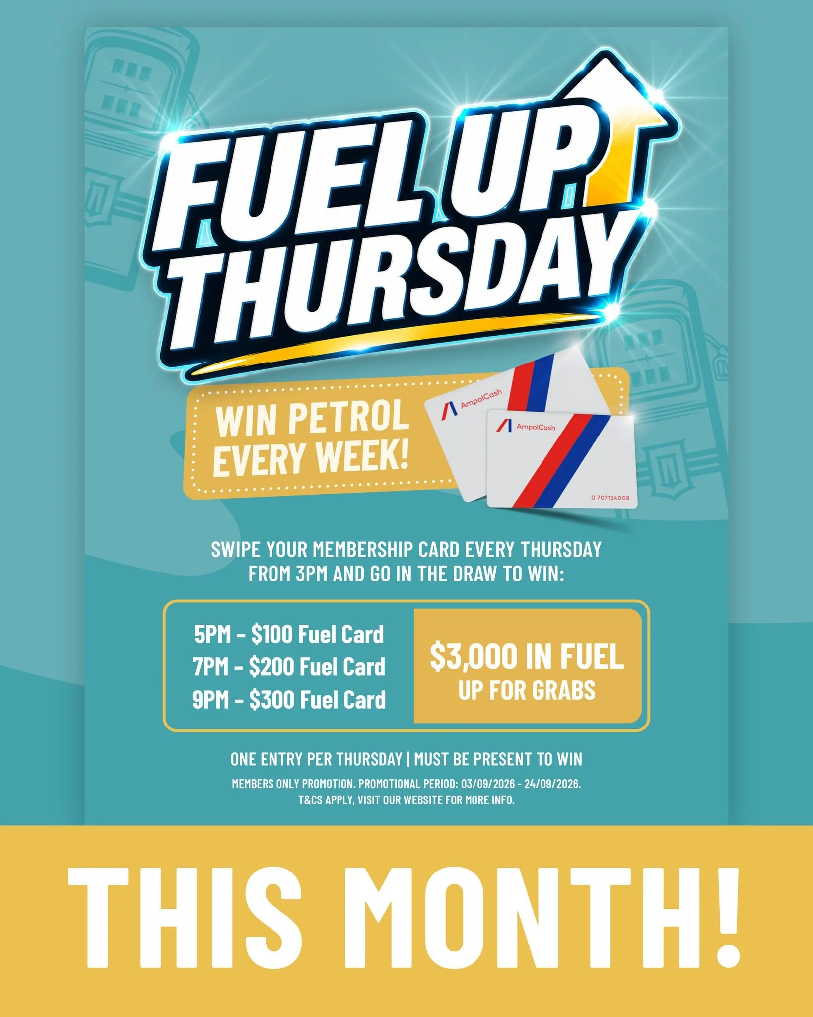 ⛽ LAST CHANCE TO FUEL UP ON US!

It&rsquo;s the FINAL Fuel Up Thursday for September, with $600 worth of fuel vouchers up for grabs today! 🚗💨

Swipe your membership card at the kiosk from 3pm, then stick around for the draws:

⛽ 5pm &mdash; $100
⛽ 