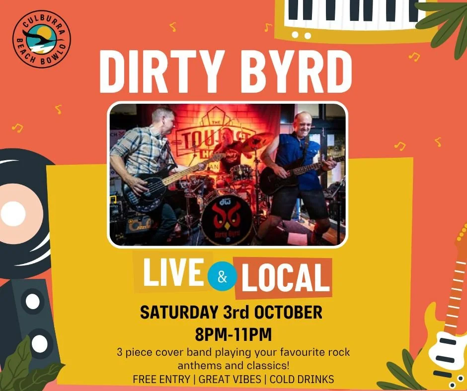 🎸 DIRTY BYRD LIVE AT THE BOWLO!

Saturday night = sorted. 🍻

Dirty Byrd are hitting the Bowlo stage this Saturday 3rd from 8pm!

Grab your crew, settle in for a drink and get ready for a big night of live music.

🎶 Dirty Byrd
📅 Saturday 3rd
⏰ Fro