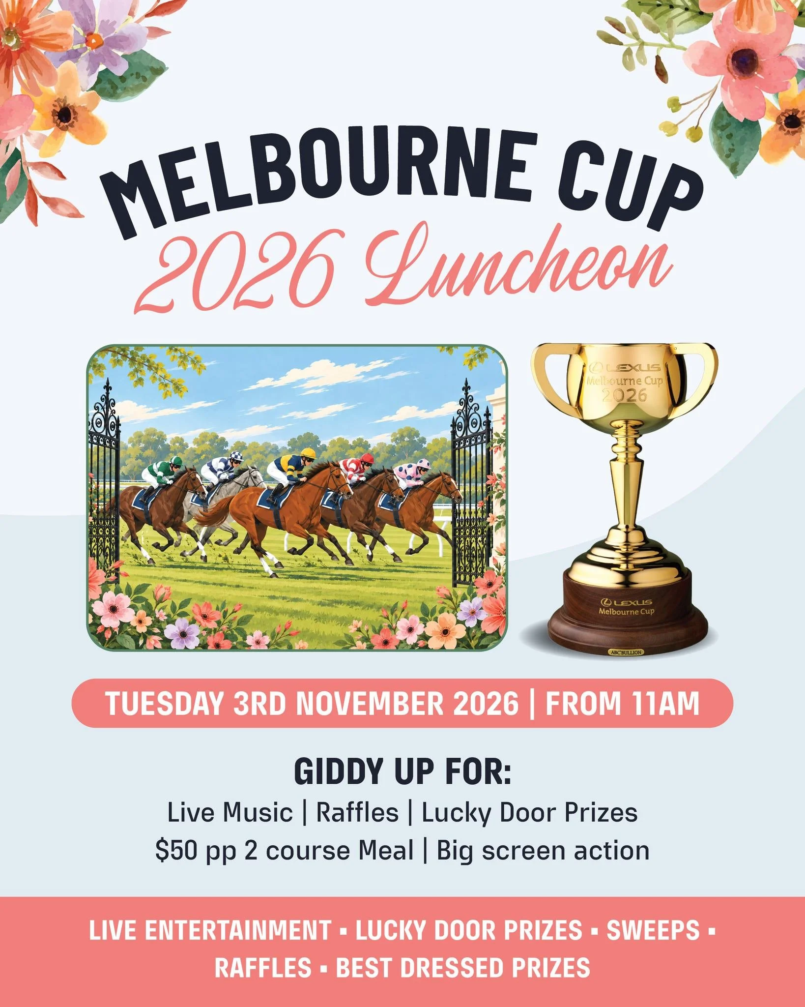 Melbourne Cup is racing up to the gate here at Culburra Bowlo!

In 3 weeks' time, we'll be raising glasses to the race that stops the nation! Have you got your tickets yet?!
Book your crew in for all things Melbourne Cup-flare...love entertainment, r