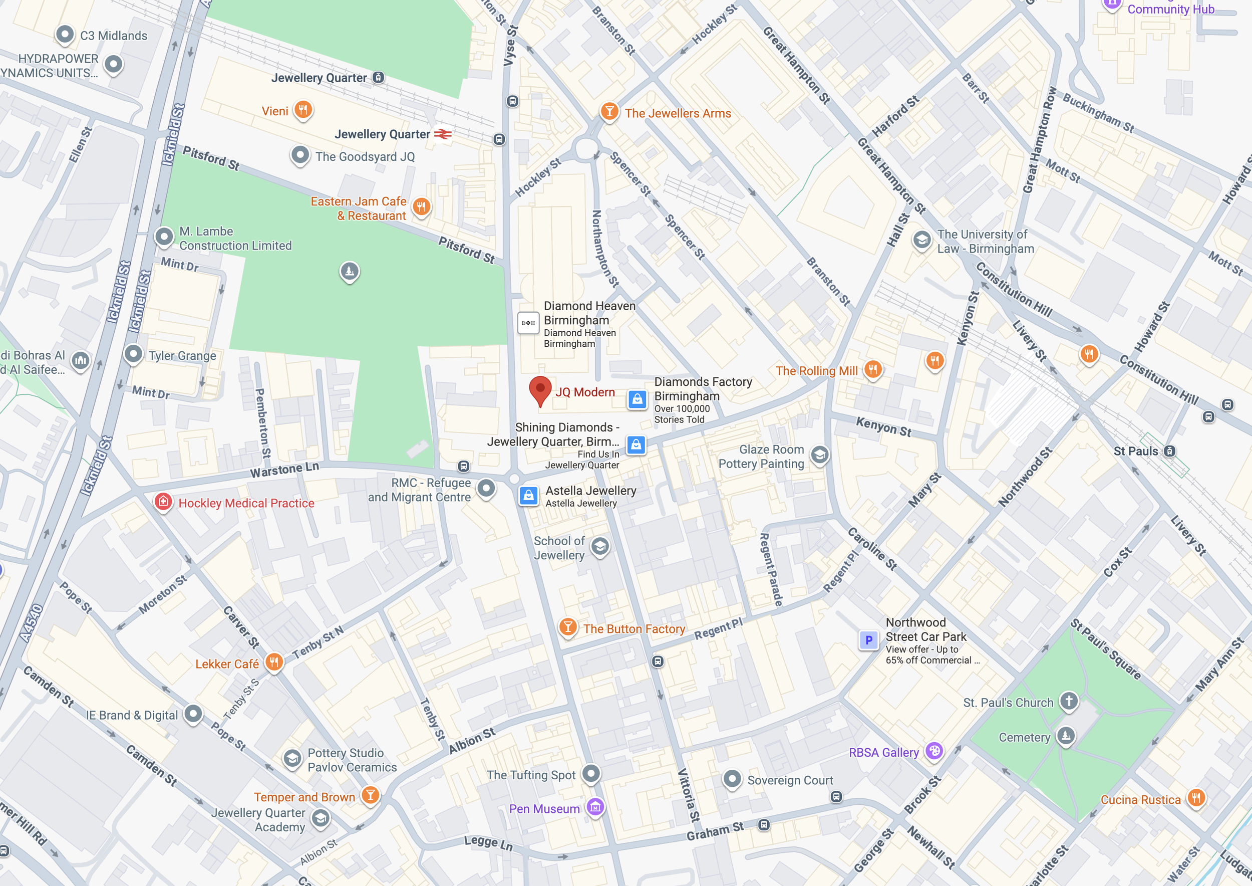 Map of Birmingham city center showing streets, parks, and landmarks, including Jewelry Quarter, Victoria Square, and St. Paul's Church.