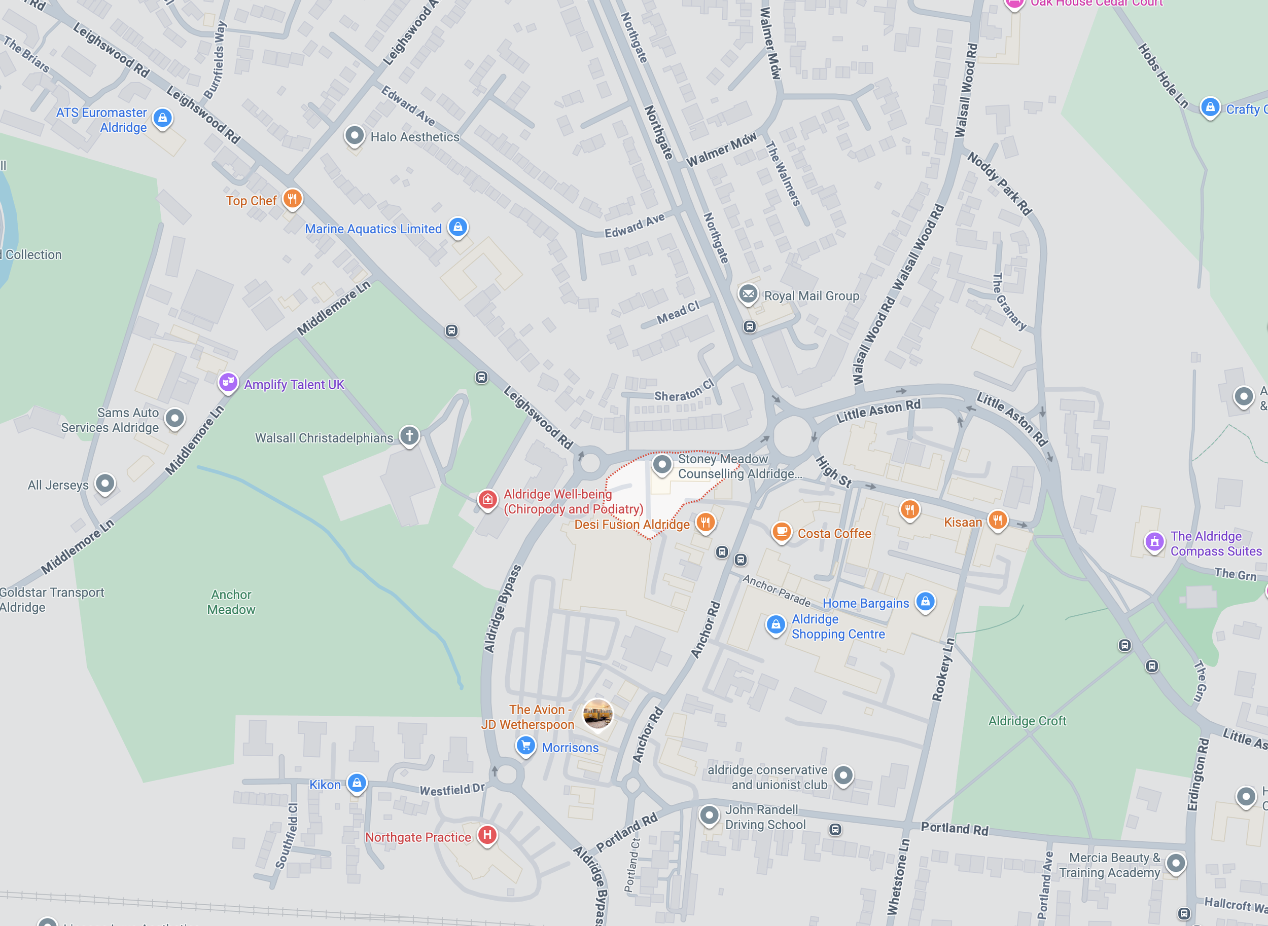 Map of the Aldridge area showing streets, businesses, and landmarks like Aldridge Well-being, Aldridge Shopping Centre, Anchor Meadow, and Aldridge Croft with roads and icons indicating locations of various services and amenities.