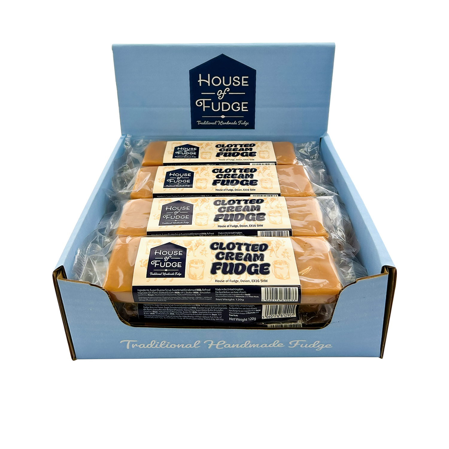 Blue shelf ready packaging of individually wrapped House of Fudge Clotted Cream fudge bars with labels, open at top showing the fudge inside.