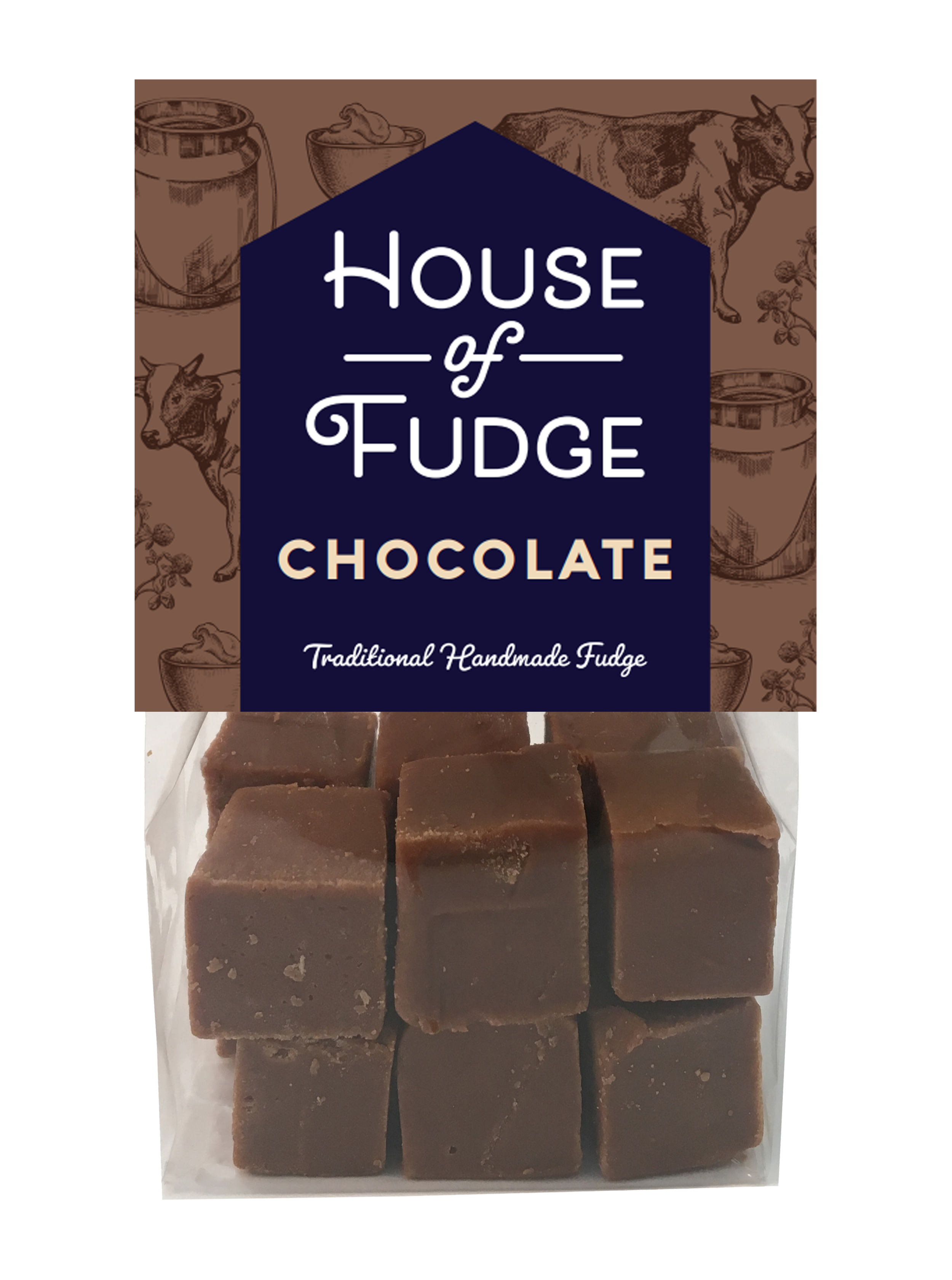 Packaging of House of Fudge Chocolate fudge with image of fudge cubes inside the bag