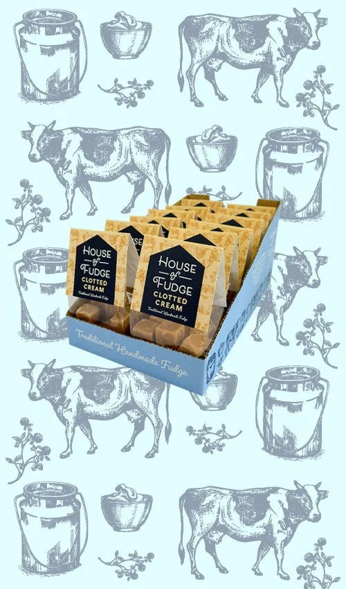 A promotional graphic for House of Fudge features a blue background with line art illustrations of cows, milk churns, and Clotted Cream. 