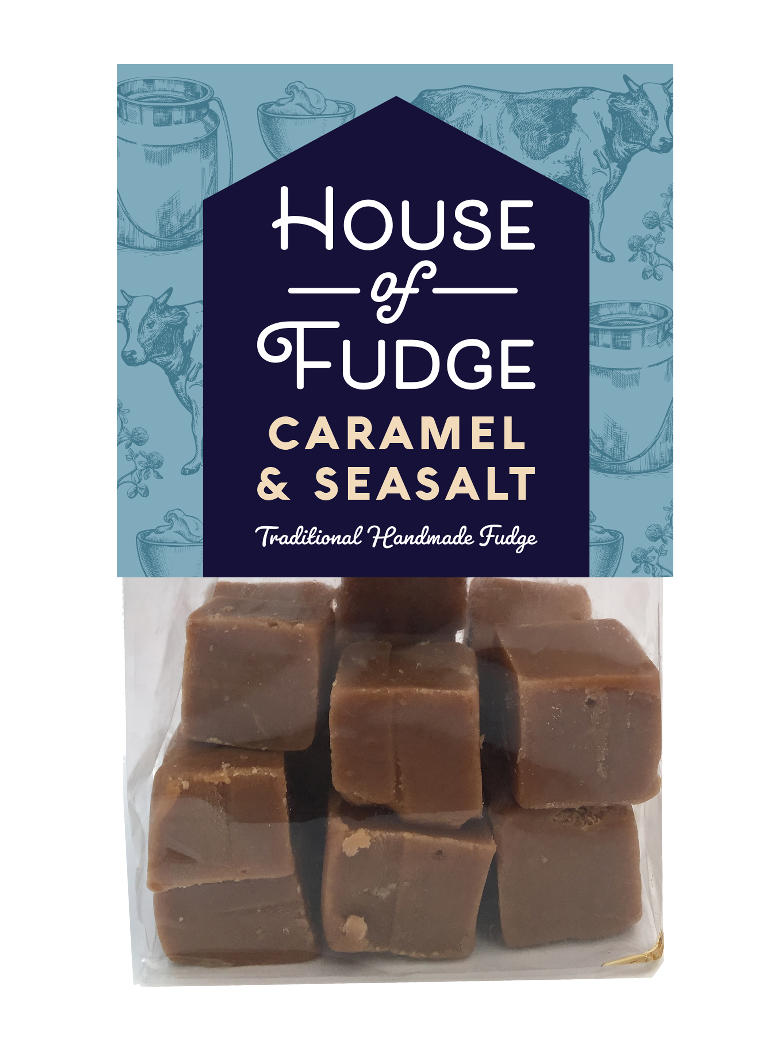Packaging of House of Fudge Caramel & Seasalt fudge with image of fudge cubes inside the bag