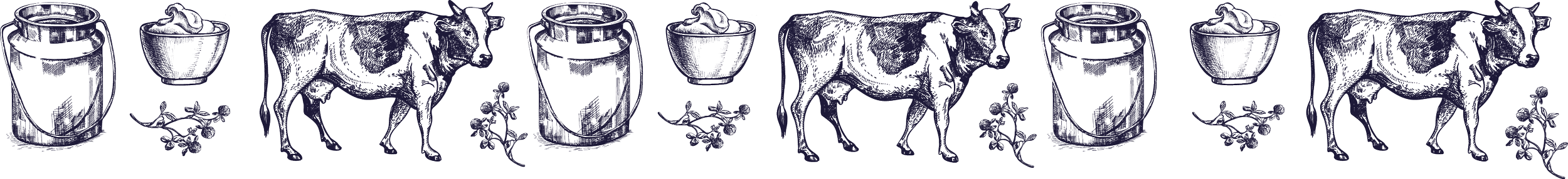 Distinctive pattern used in branding for House of Fudge of cows, milk churns and Clotted Cream in a bowl in a repeating sequence.