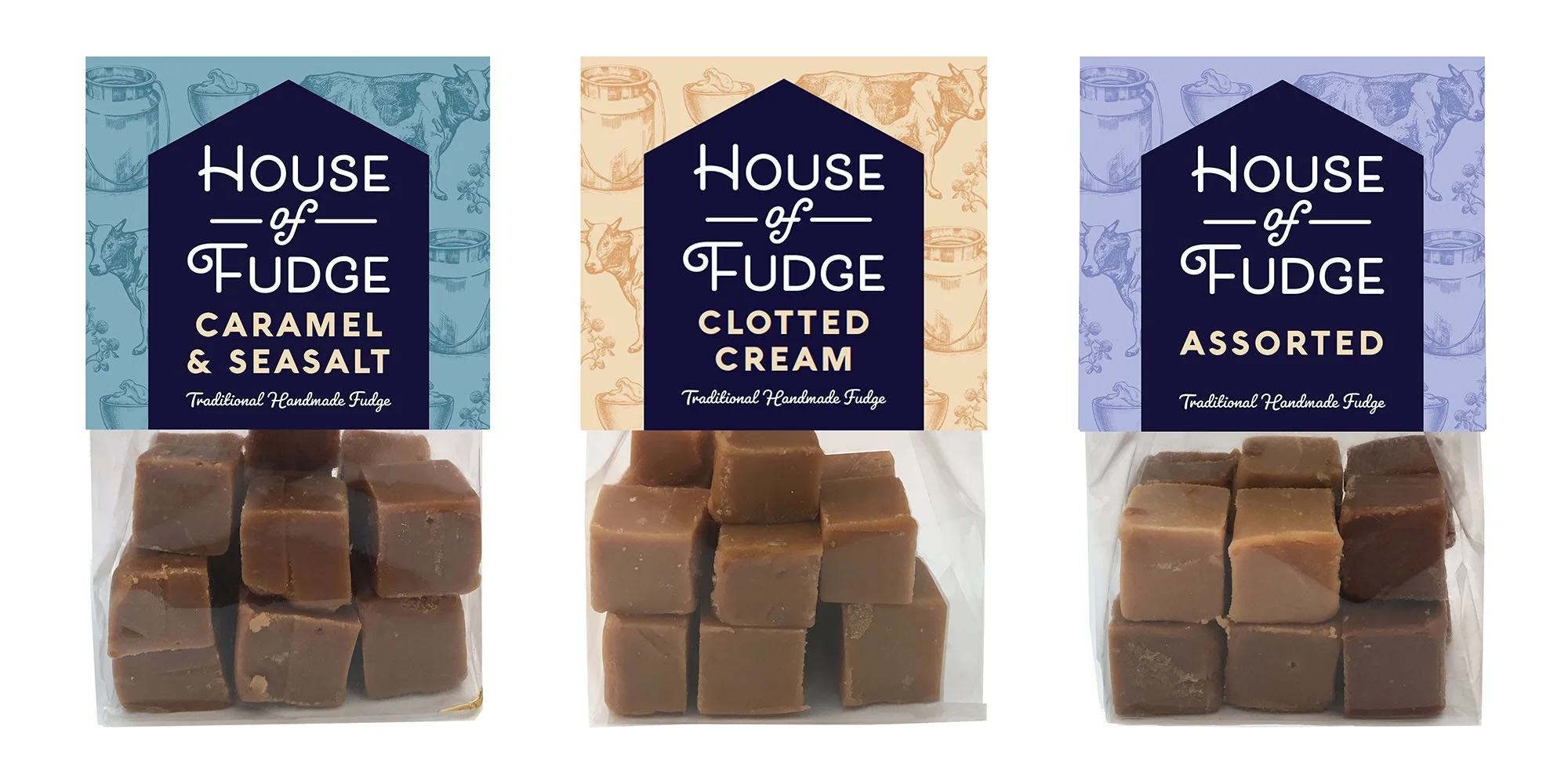 Three different varieties of fudge with distinct packaging and flavor labels, including caramel and seasalt, clotted cream, and assorted.