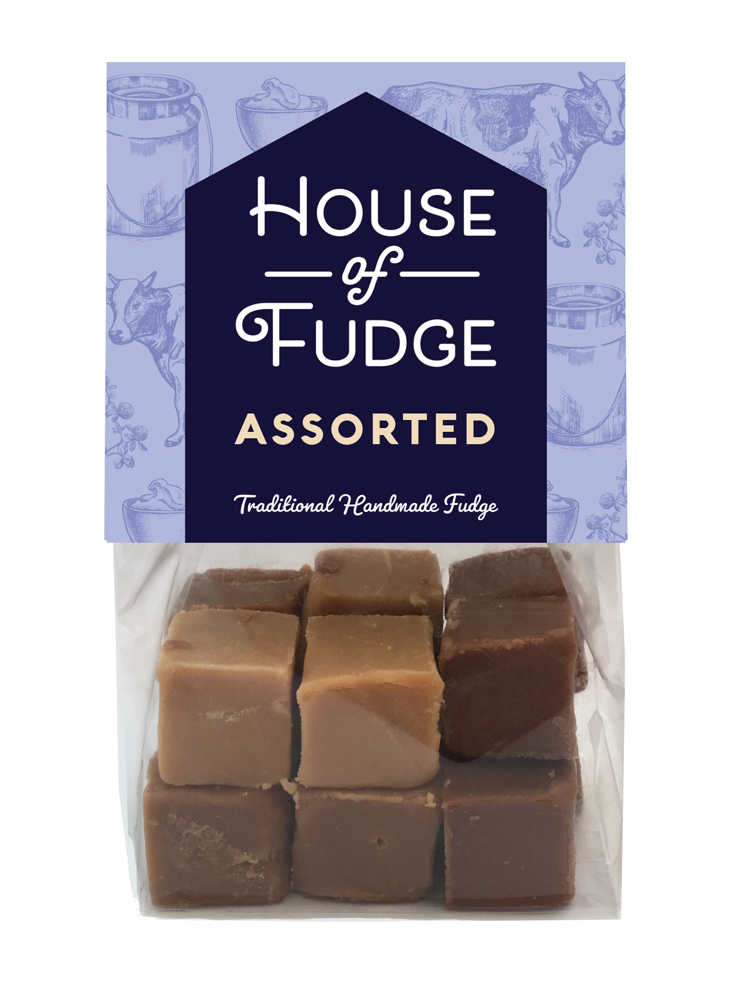 Packaging of House of Fudge Assorted fudge with image of fudge cubes inside the bag