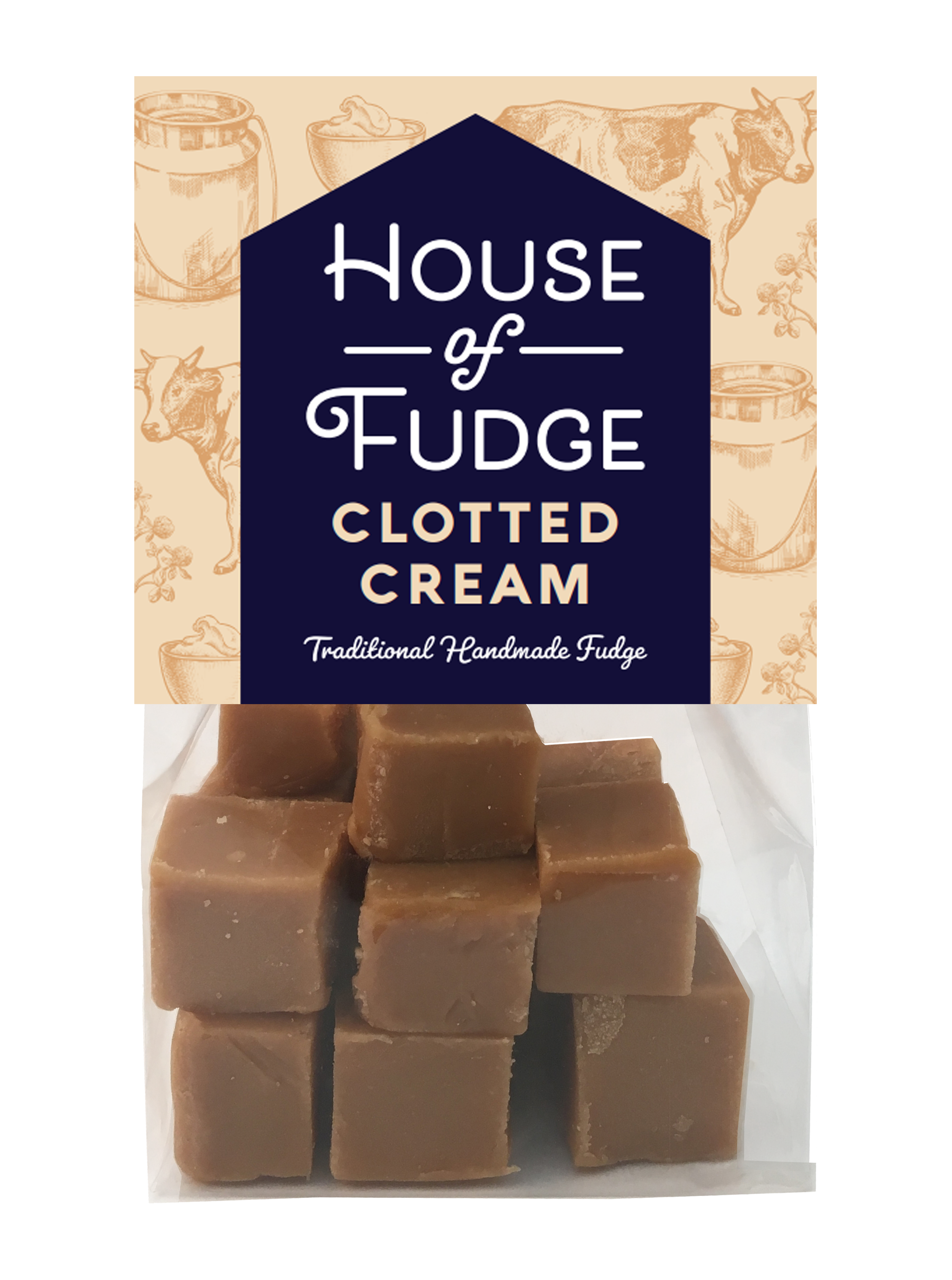 Packaging of House of Fudge Clotted Cream fudge with image of fudge cubes inside the bag