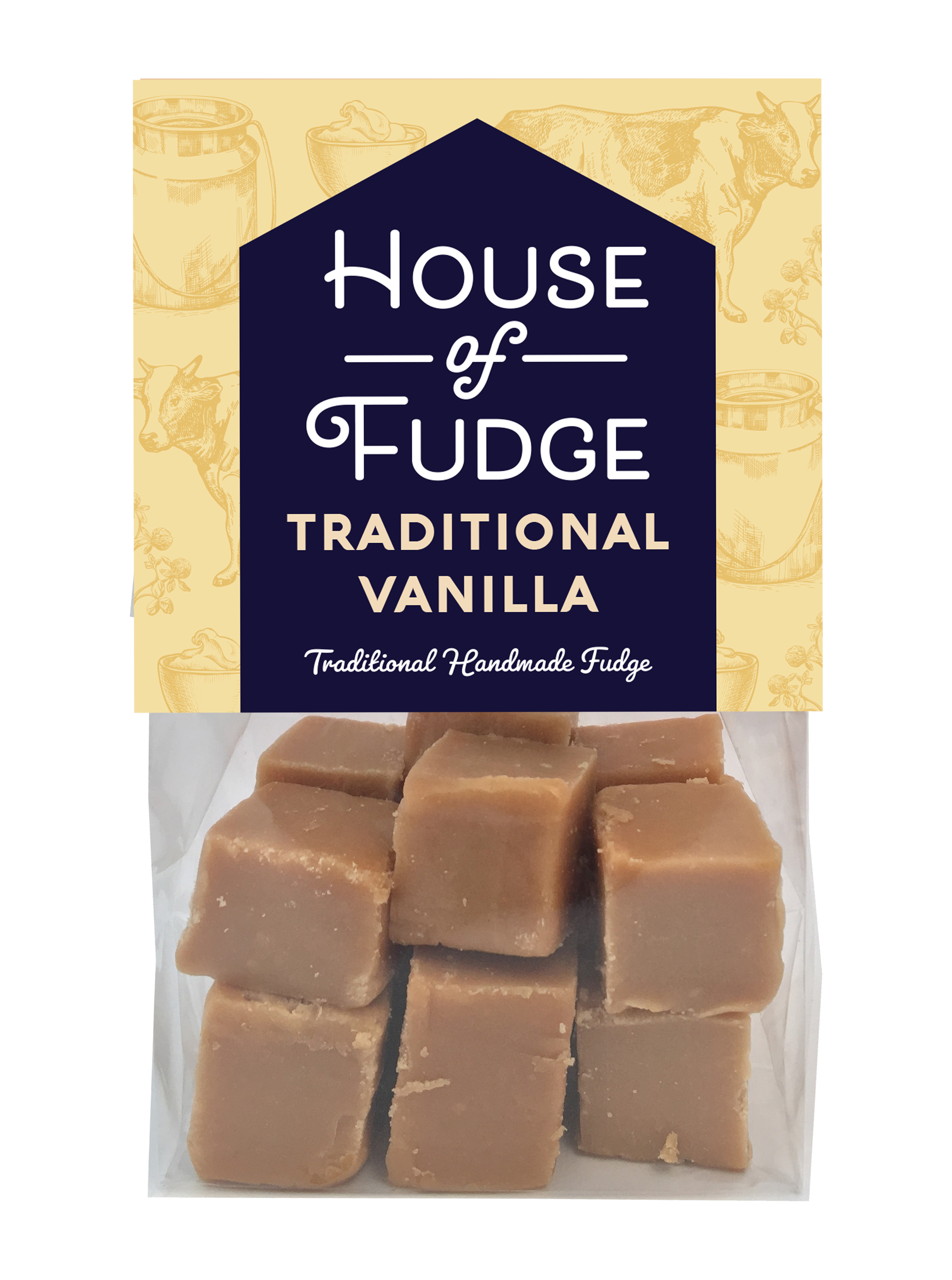 Packaging of House of Fudge Traditional Vanilla fudge with image of fudge cubes inside the bag