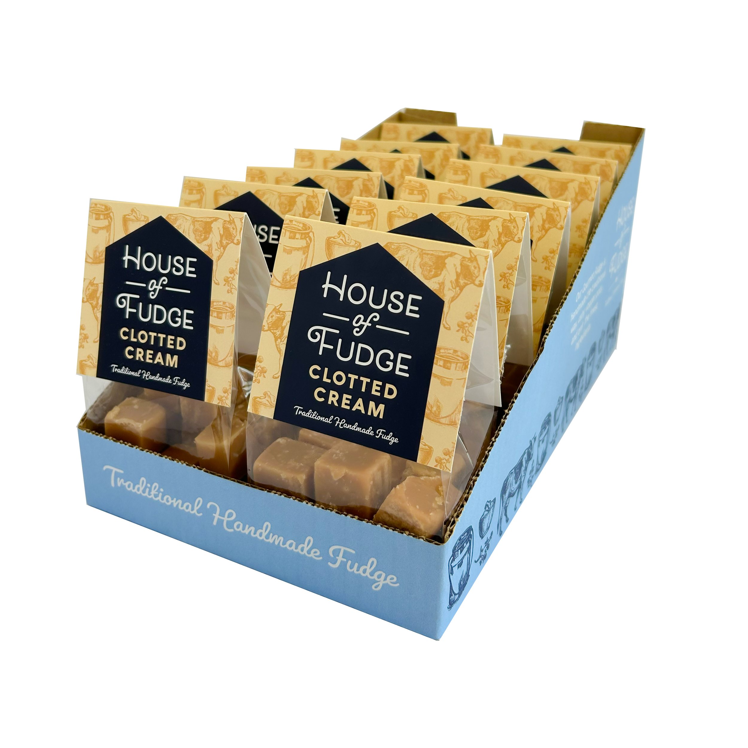 Display of multiple packages of House of Fudge clotted cream fudge in a light blue shelf ready packaging with white lettering, with some fudge pieces visible through transparent packaging.