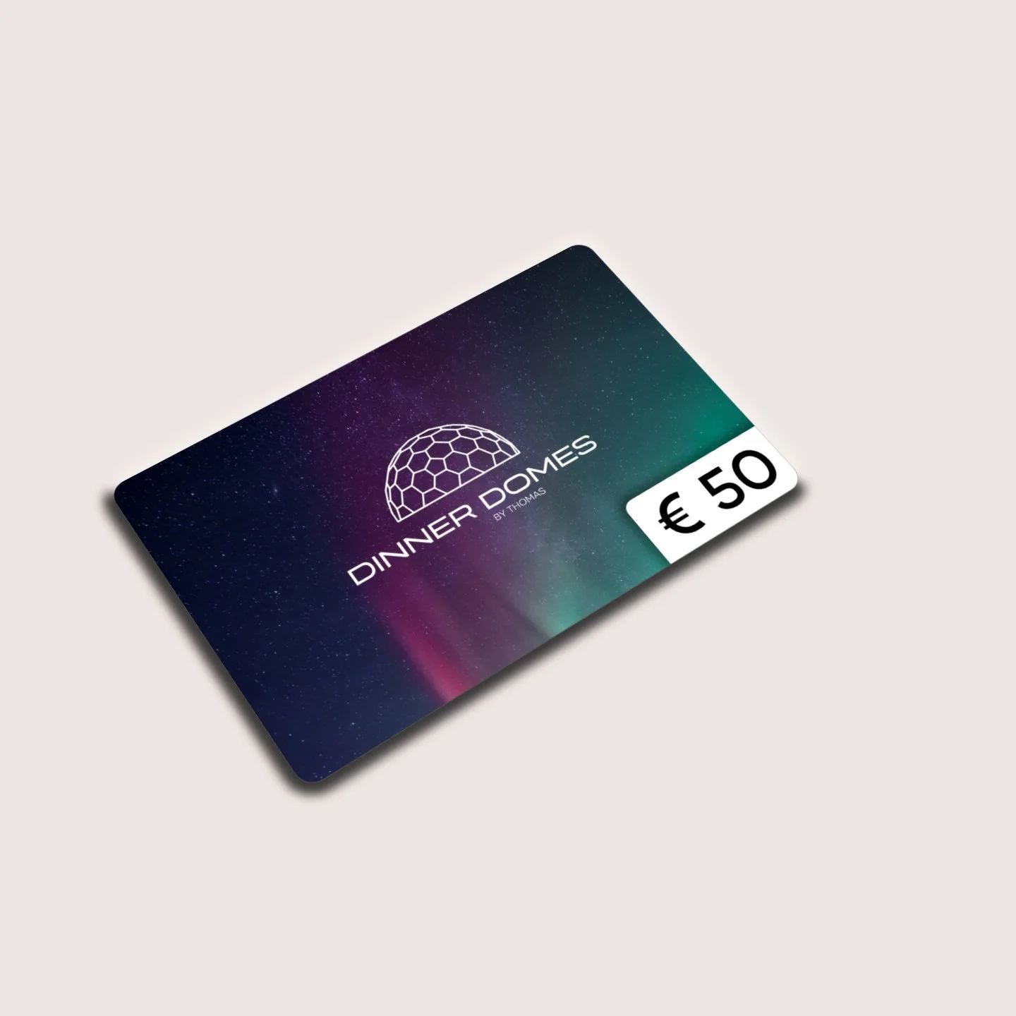 Een cadeaukaart voor Dinner Dromes met een ruimteachtig ontwerp en een waarde van €50.