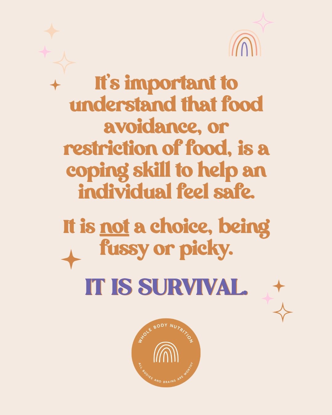It&rsquo;s important to understand that food avoidance or restriction of food is a coping skill to help an individual to feel safe.

It is not a choice, being fussy or picky.

🦋It is survival.

💜🧡

Disclaimer: The information shared on this accoun
