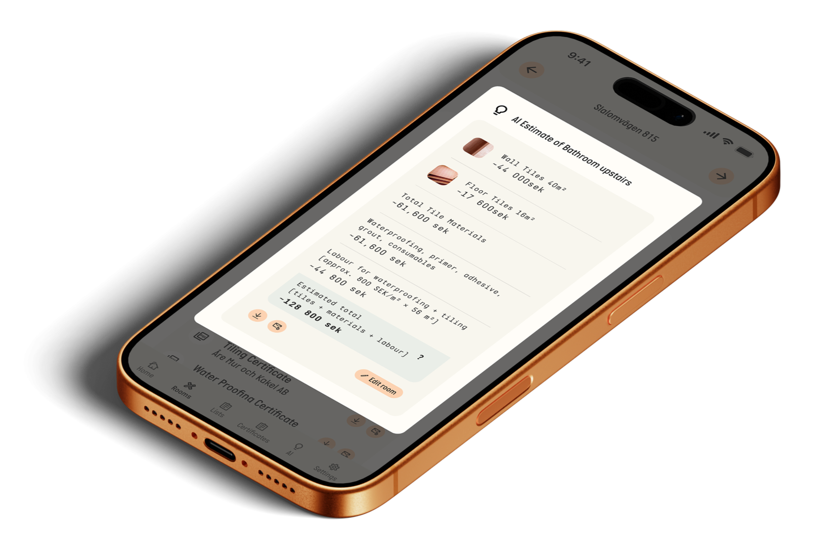 En smartphone med en app för kostnadsberäkning och godkännande av kostnader för badrumsrenovering. Skärmen visar detaljspecifikationer för vägg- och golvplattor och relaterade kostnader.