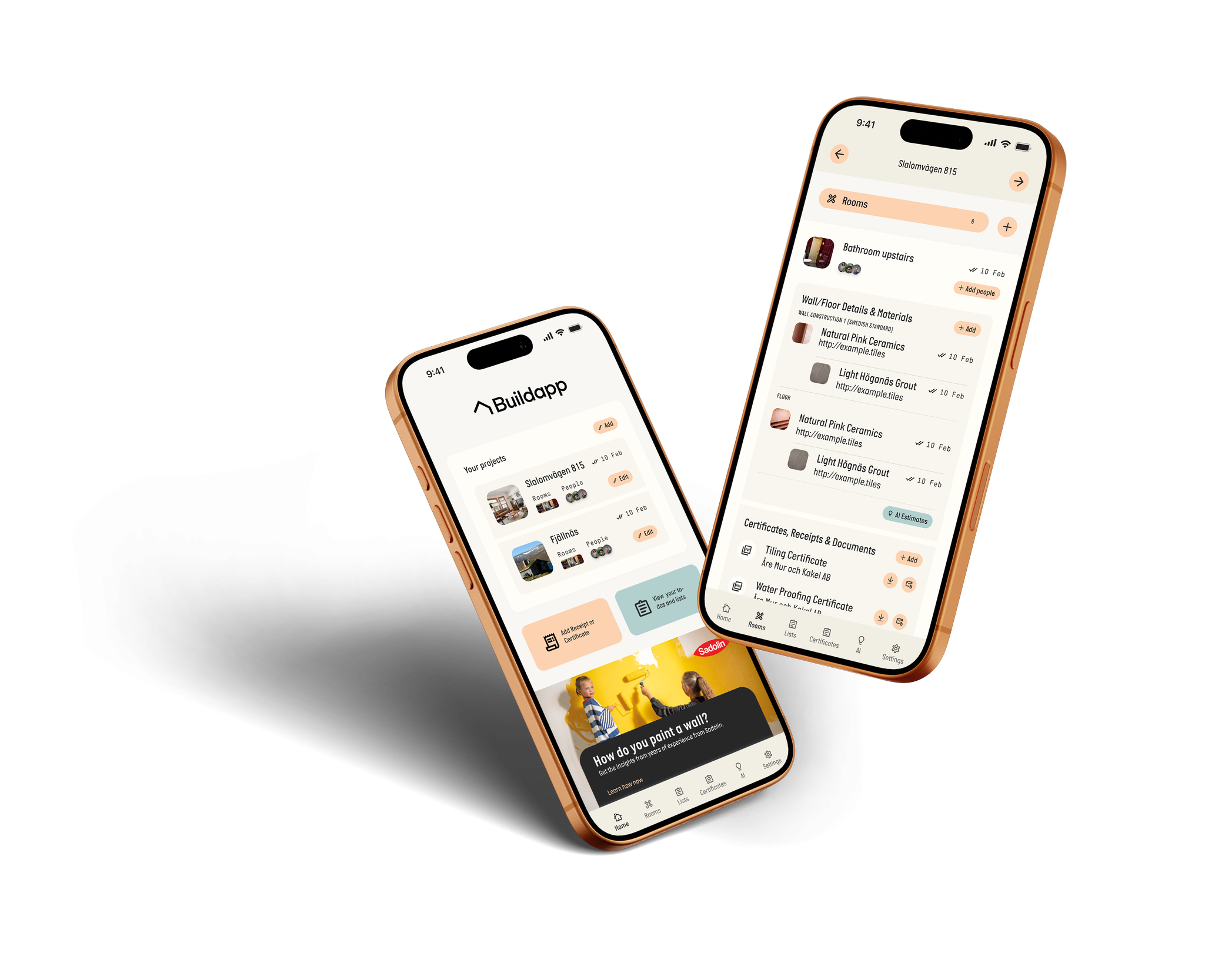 Två mobiltelefoner som visar byggmolnsappen Buildapp med projektöversikt och olika byggrelaterade sidor.