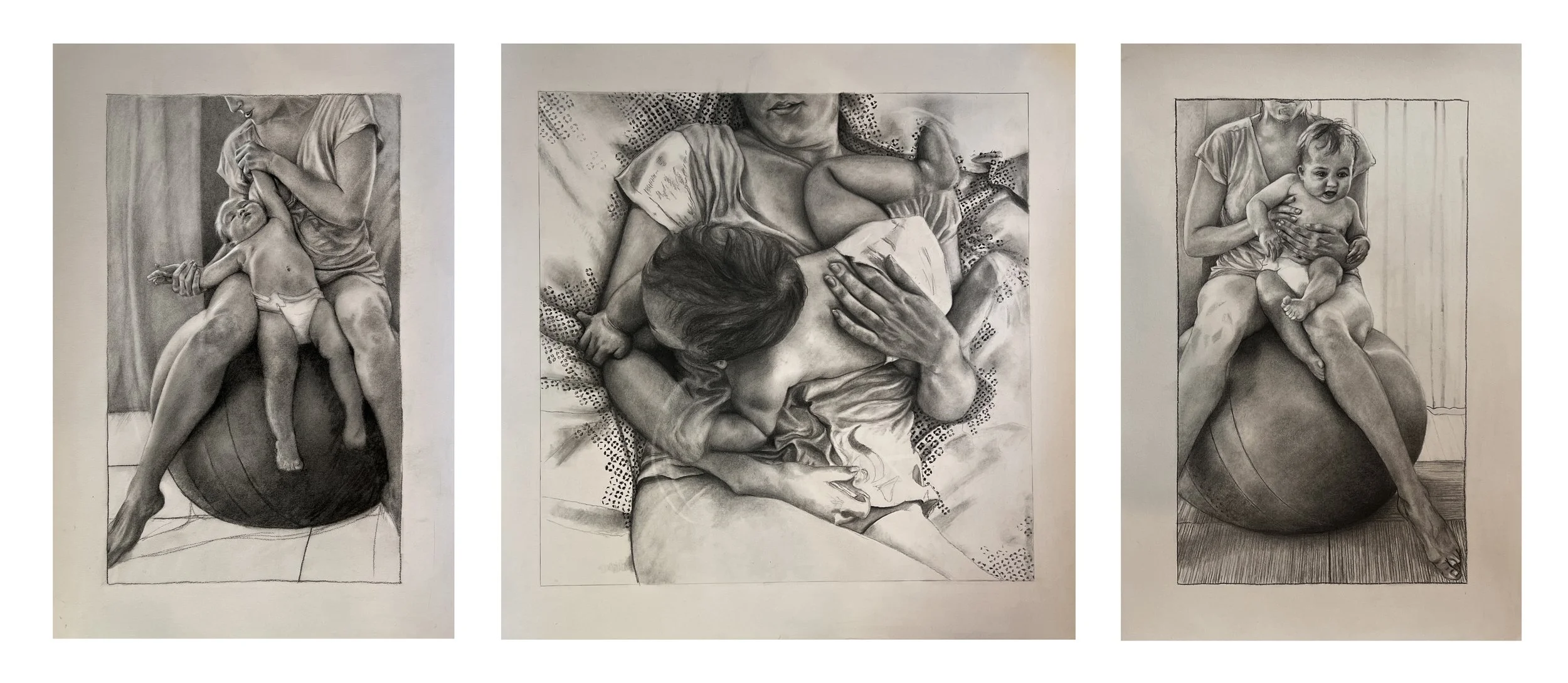 Morning, Noon, and Night (triptych), charcoal on paper