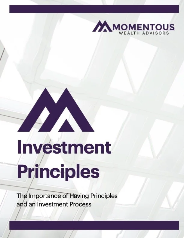 Cover of a booklet titled 'Investment Principles' by Momentous Wealth Advisors, with a subtitle about having principles and an investment process, featuring a large purple logo and a background of architectural windows.