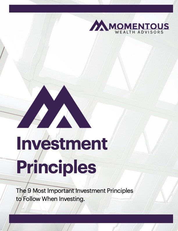Cover page of a booklet titled 'Investment Principles' by Momentous Wealth Advisors, featuring a logo, a modern building window background, and text about investment principles.