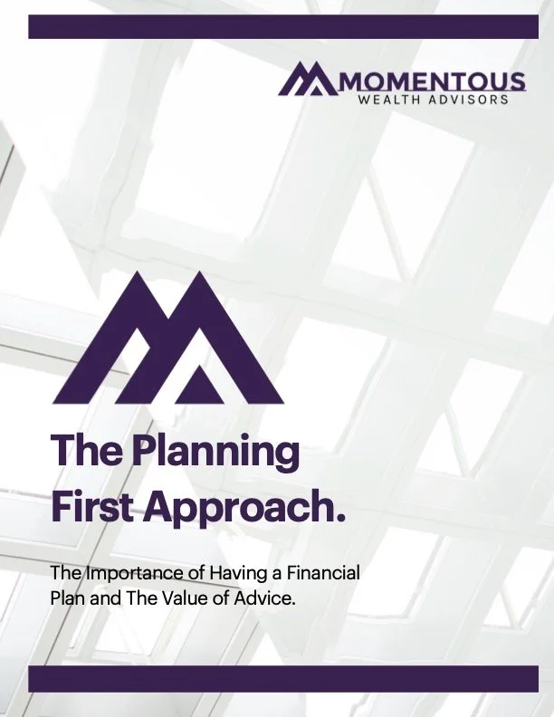 Brochure cover for Momentous Wealth Advisors titled 'The Planning First Approach.' Features a large purple logo with an abstract 'M' and 'A', with a background of a bright, windowed ceiling.