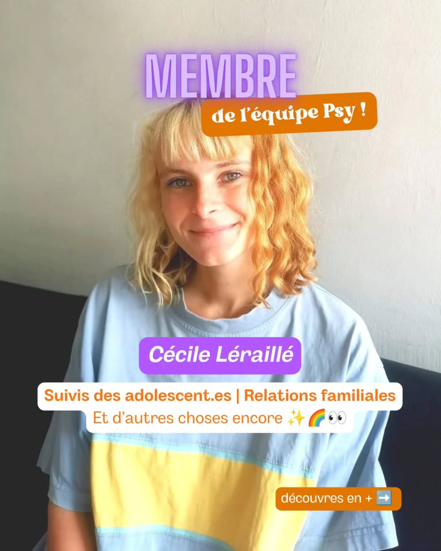 Pr&eacute;sentation de C&eacute;cile L&eacute;raill&eacute;, membre de l&rsquo;&eacute;quipe psy depuis peu et qu&rsquo;on est ravi.es d&rsquo;avoir dans la team ✨️⬇️

"J&rsquo;exerce en tant que psychologue clinicienne aupr&egrave;s d&rsquo;ado