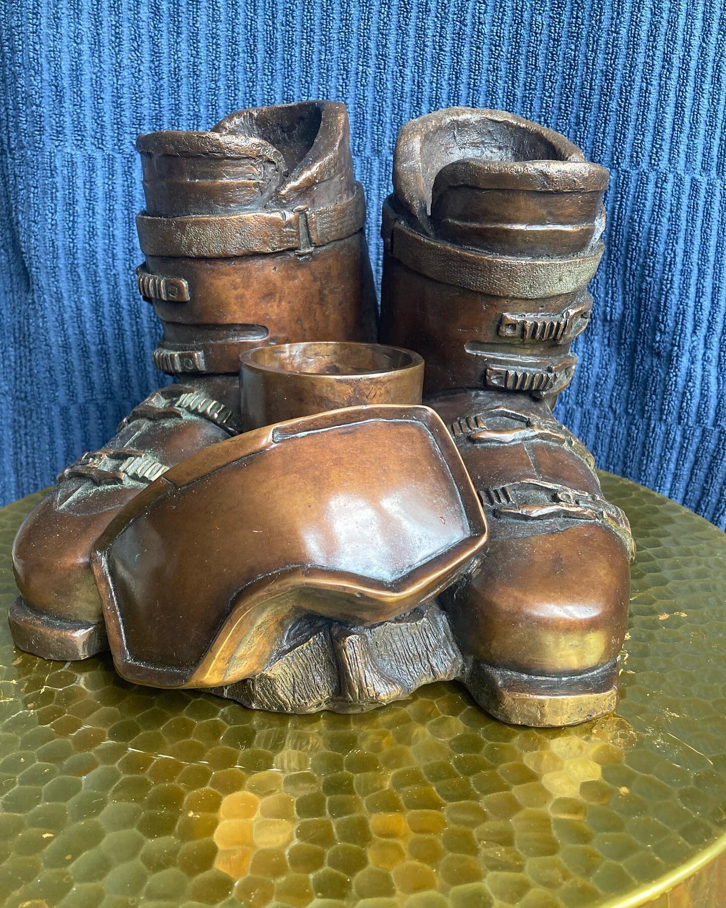 My ski boots memorial sculpture with final &lsquo;penny bronze&rsquo; patination.. ready for installation..