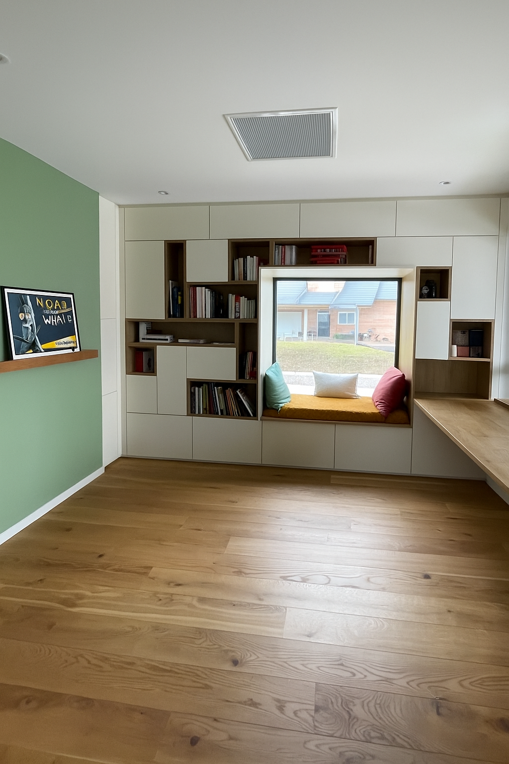 Bibliothèque asymétrique avec banquette de lecture intégrée. Pièce bureau lumineuse avec une touche de vert au mur