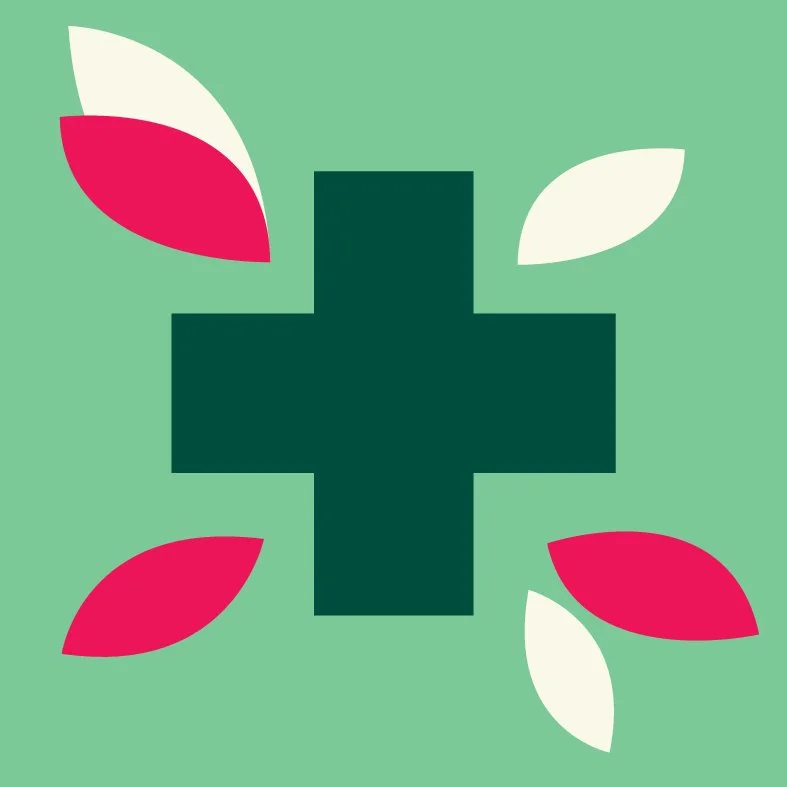 Groen kruis met rode en witte bladeren op een groene achtergrond.