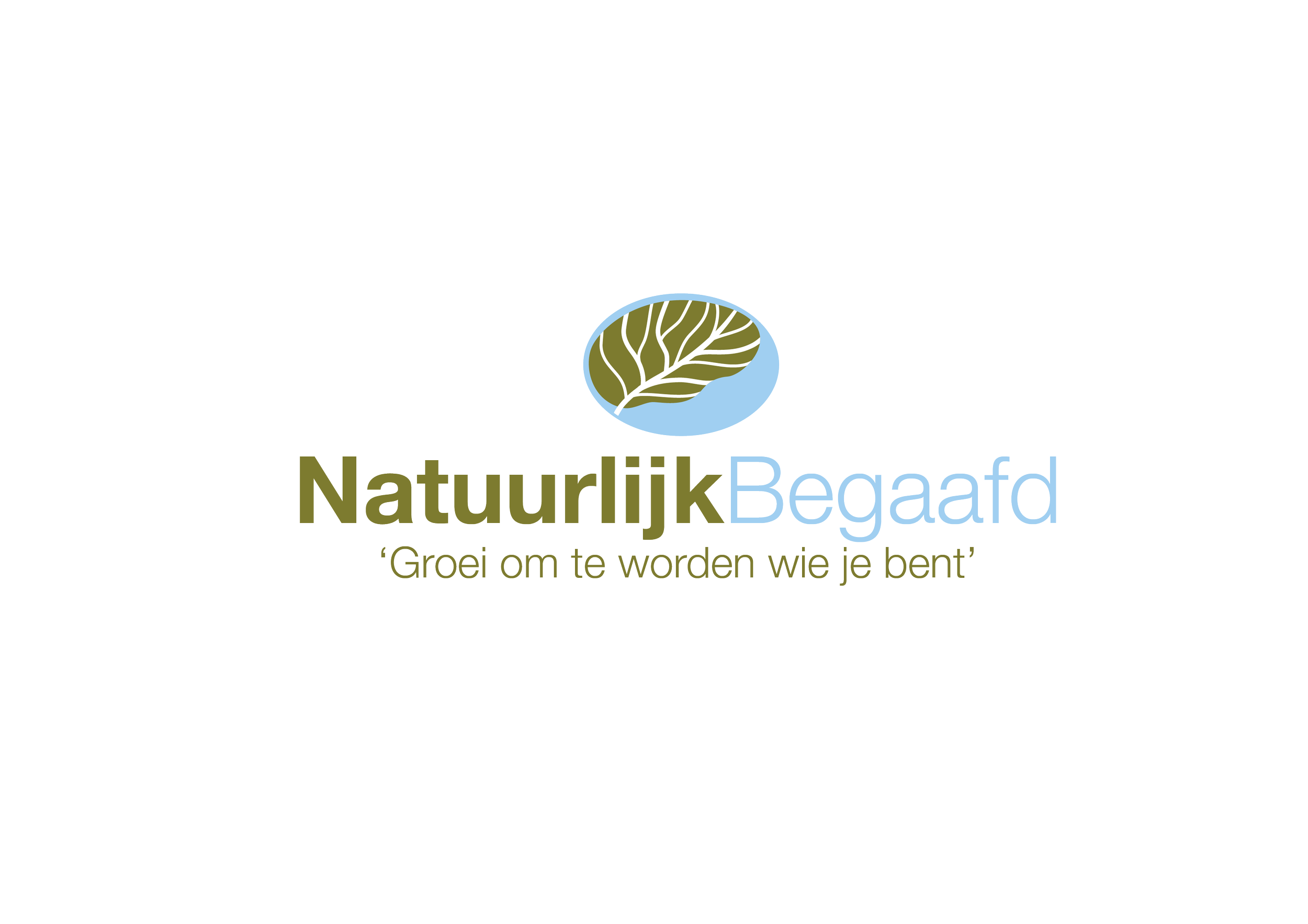 Logo met blaadjes illustratie, tekst 'Natuurlijk Begaafd' en slogan 'Groei om te worden wie je bent'. Achtergrond is wit.