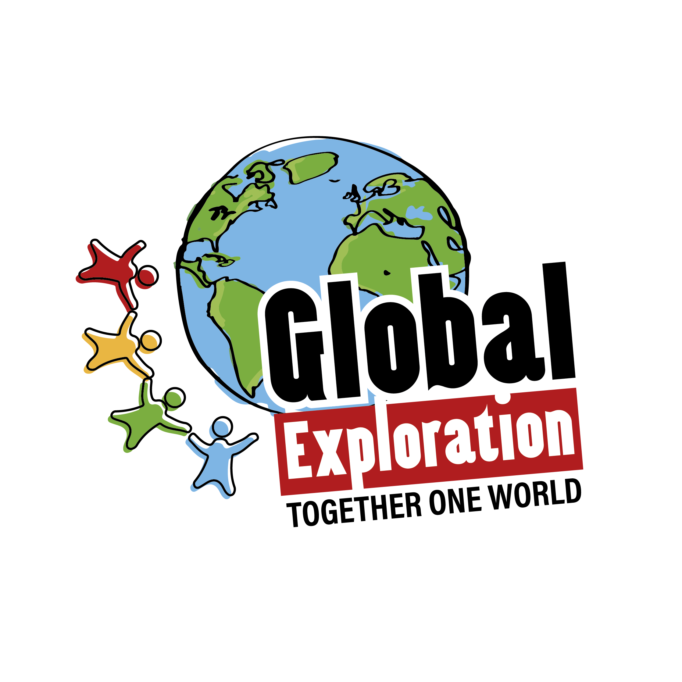Logo van Global Exploration met een wereldbol en gekleurde figuurtjes.