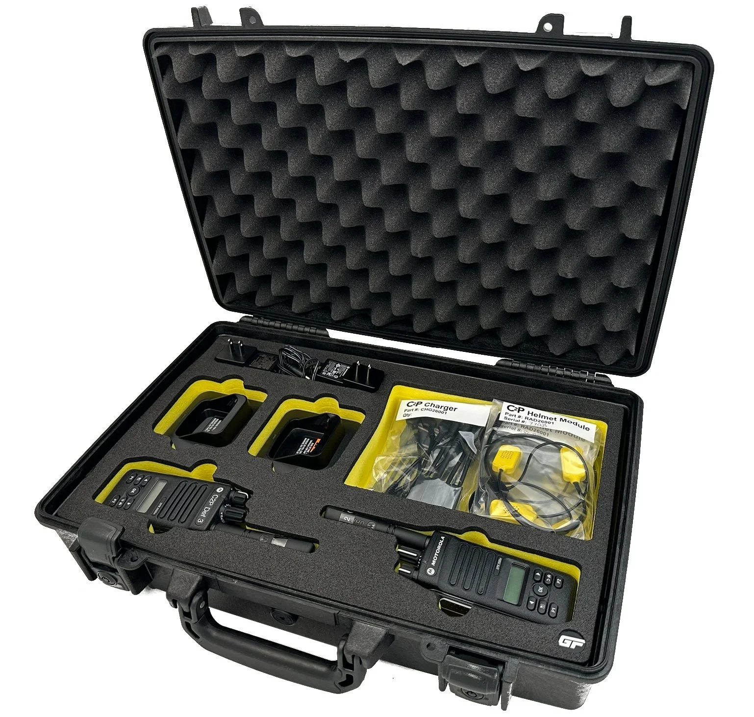 Pelican 1490 case with precision-cut foam with radios, chargers and supplies in an easy to carry travel case.