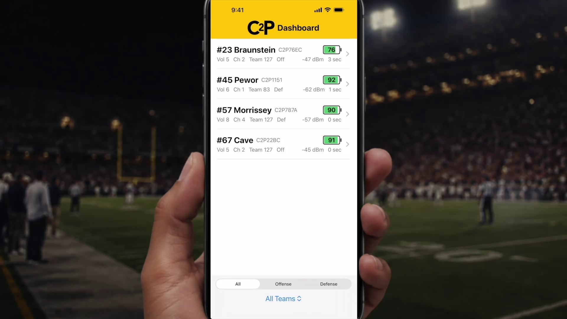 Dashboard app for iOS to monitor the status of all player's helmet speakers.