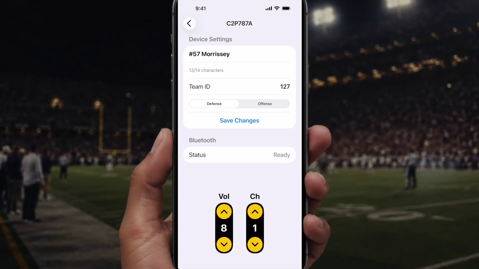 Phone application that allows a user to modify settings on a player's helmet module.