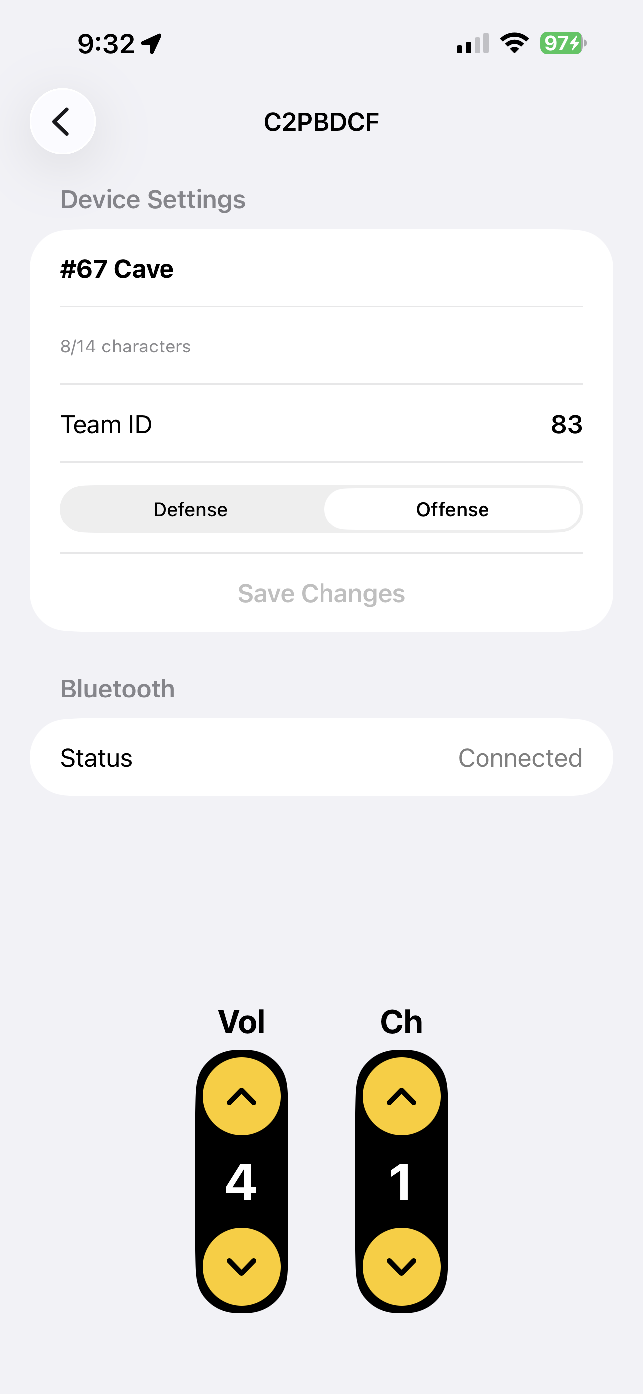 The device details allows a user to change the description of the defense, team id, offense or defense.  It also allows quick access to volume and channel changes.